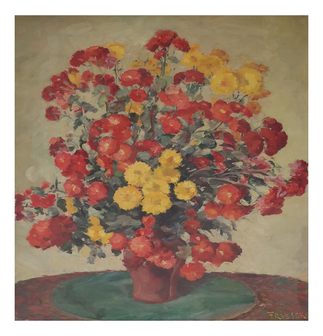 Floral Still Life, Oil on Canvas: Framed oil on canvas of a floral still life. Signed "Frieseke" at the bottom right. [Sight: 27 1/2" H x 21 1/2" W; Frame: 31 1/2" H x 25 1/2" W]. Paint loss in upper left quadrant.