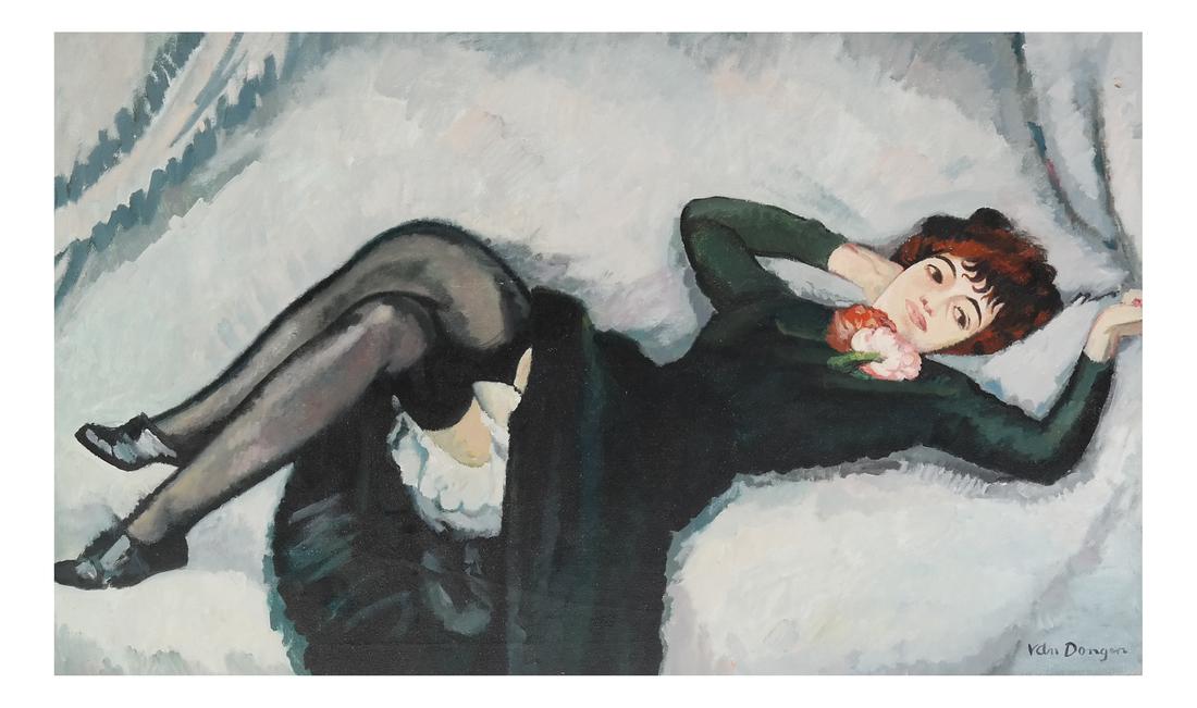 Manner of Kees Van Dongen, Woman Reclining: In the style of Kees Van Dongen. Woman reclining. Signed lower right. [Sight: 23 1/2" H x 37 3/4" W; Frame: 27" H x 42 3/4" W].