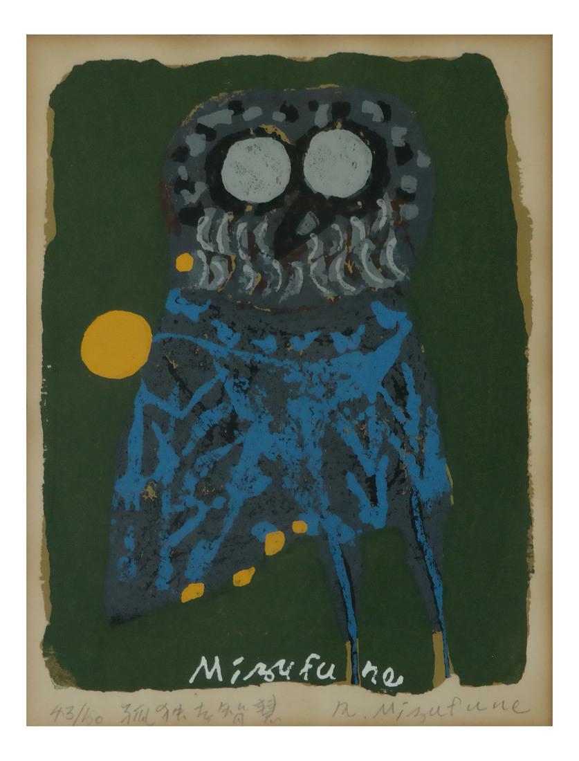 Rokusha Mizufune, Wood Block Print: Rokusha Mizufune (Japanese, 1912-1980). Framed woodblock print of an owl. Signed bottom right and numbered: 43/50. [Sight: 9" H x 7 1/4" W; Frame: 21" H x 17" W]. Matte burn and overall toning.