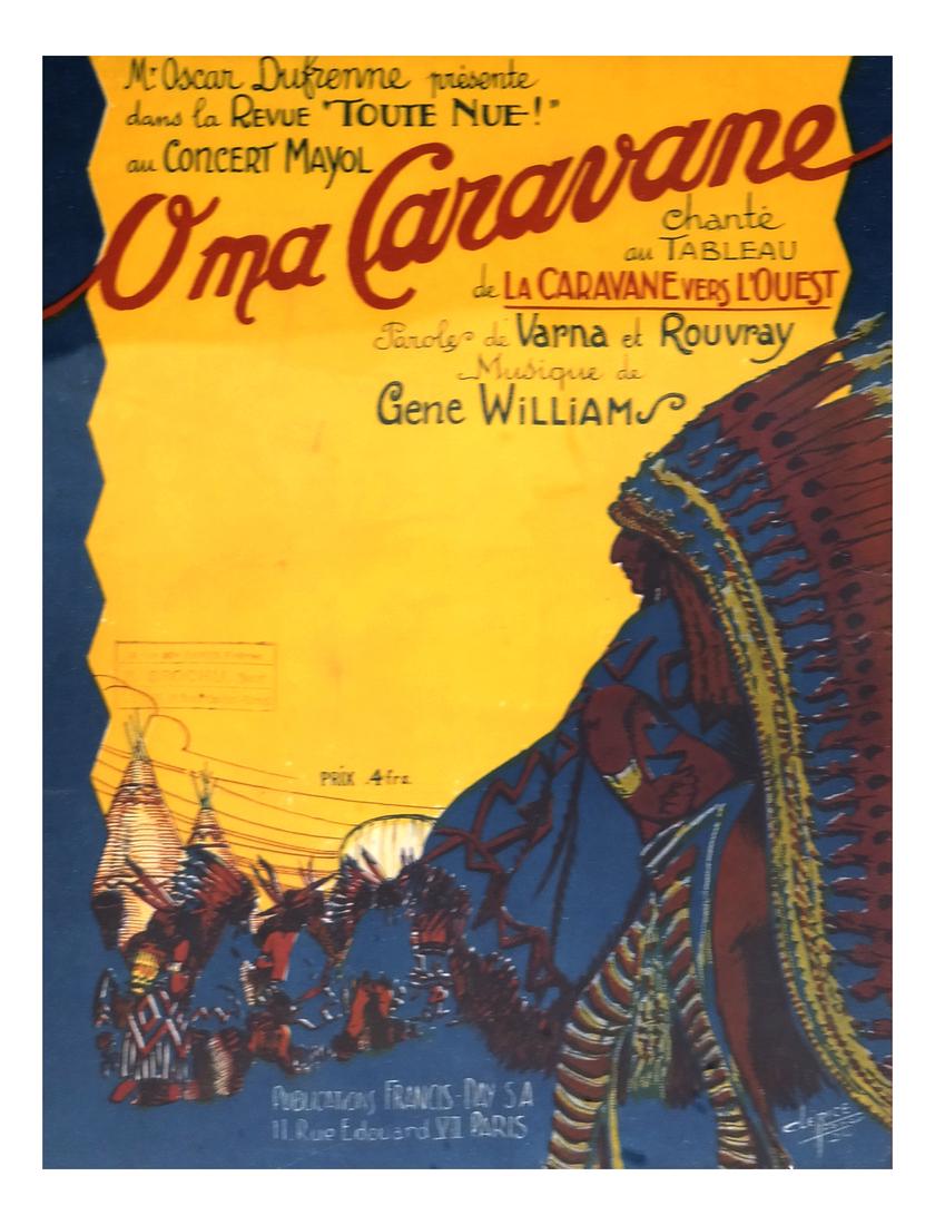 Oma Caravane, Print: A framed print of a poster, "Musique de Gene William". Stamped lower left. [Overall dimensions: 20 1/2" x 17 1/2"]. Scratches and abrasions.