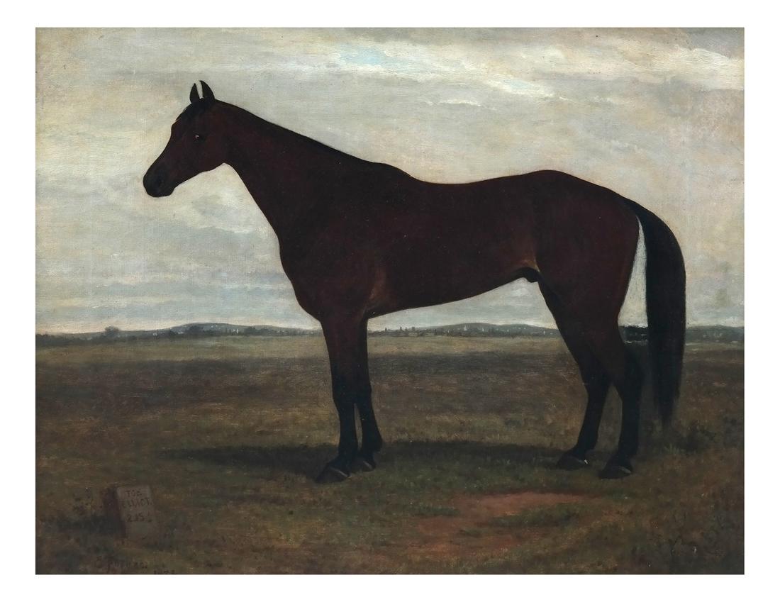 E. Foreus, Horse, Oil on Canvas: E. Foreus framed portrait of a horse alongside a gravestone of "Joe Elliot". [Art: 20" x 24"; Frame: 25 3/4" x 29 3/4"]. Some soiling, otherwise, in overall good condition. Sold "as is".
