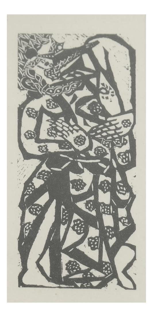 Shiko Munakata, Woodcut: Framed abstract figural woodcut, signed on mat "Shiko Munakata". [Art: 6 1/2" x 2 1/2"; Frame: 15 1/2" x 12 1/2"].
