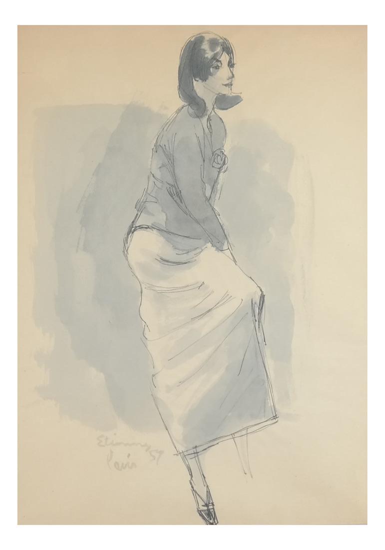 Etienne, Watercolor - Woman: Framed portrait of a woman. Watercolor. Signed lower left, "Paris '59". [20" x 16"]. Age-toning, paper torn left side.