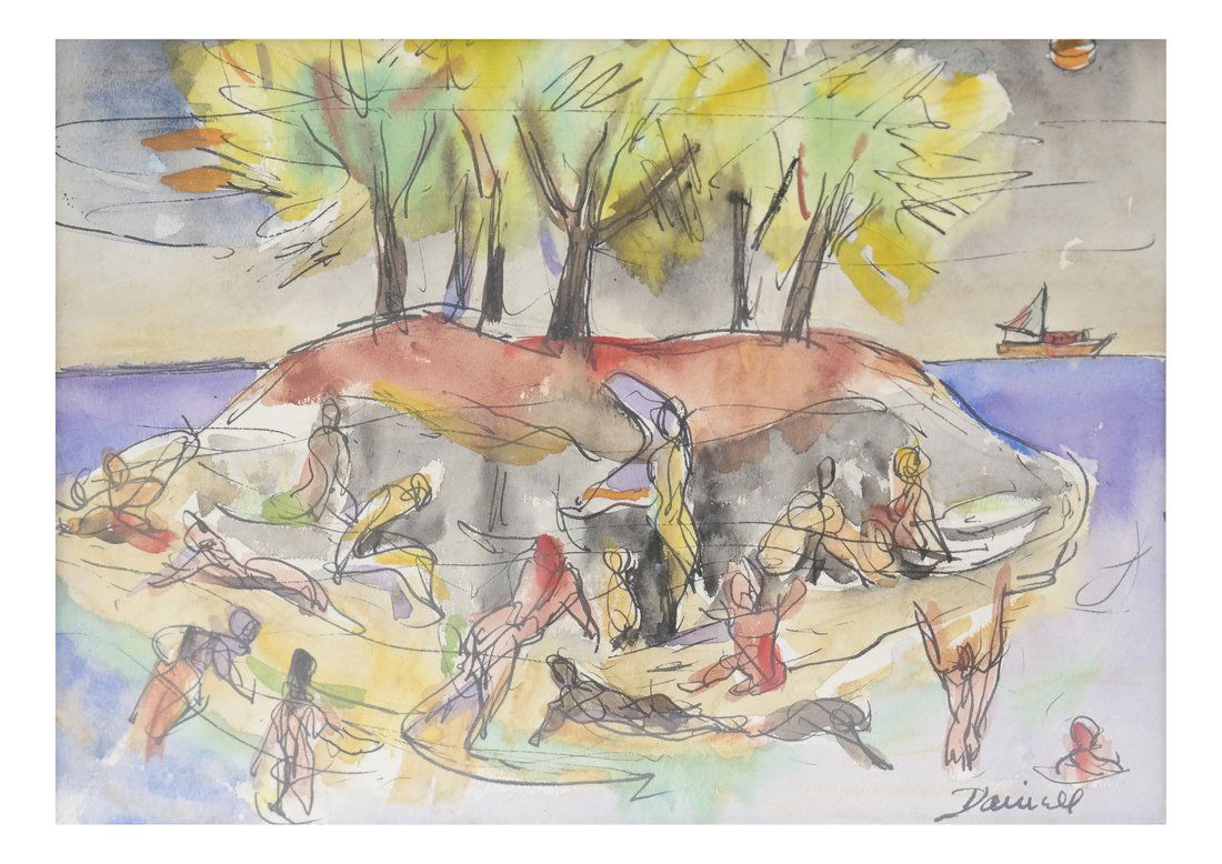George Daniell, Bathers on Island Beach: George Daniell (American 1911-2002), Bathers on Island Beach, watercolor and ink on paper, signed "Daniell" lower right, framed. [Sight: 8" x 11 1/2"; Frame 20 1/4" x 24 1/4"].