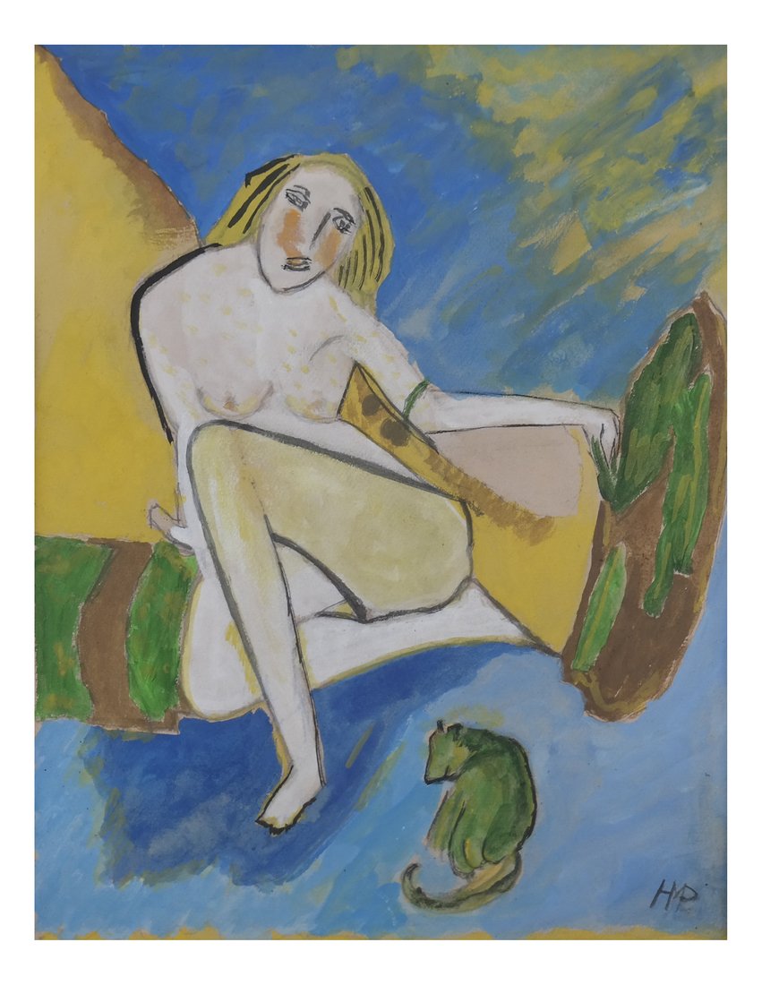 Manner of H M Pechstein, Nude w/ Cat, Gouache/Paper: Manner of Hermann Max Pechstein (1881-1955), Nude, Balalaika with Cat, Gouache on Paper, signed "HMP" monogram lower right, matted and framed, inscribed on verso "Nude, Balalaika with Cat, Hermann Max