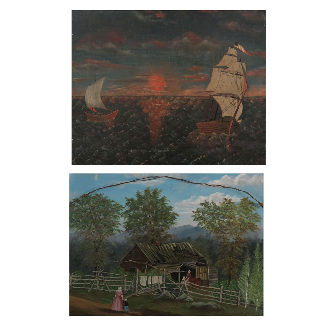 Folk Art 2-Sided Landscape, oil/masonite: Folk Art Style Seascape of Ships under Full Sail at Sea, opposed by a Folk Art Style Landscape of Settlers at their Cabin at the Foot of Mountains, framed. [Art: 17 1/2" x 23"; Frame 20 1/2" x 26"]. F