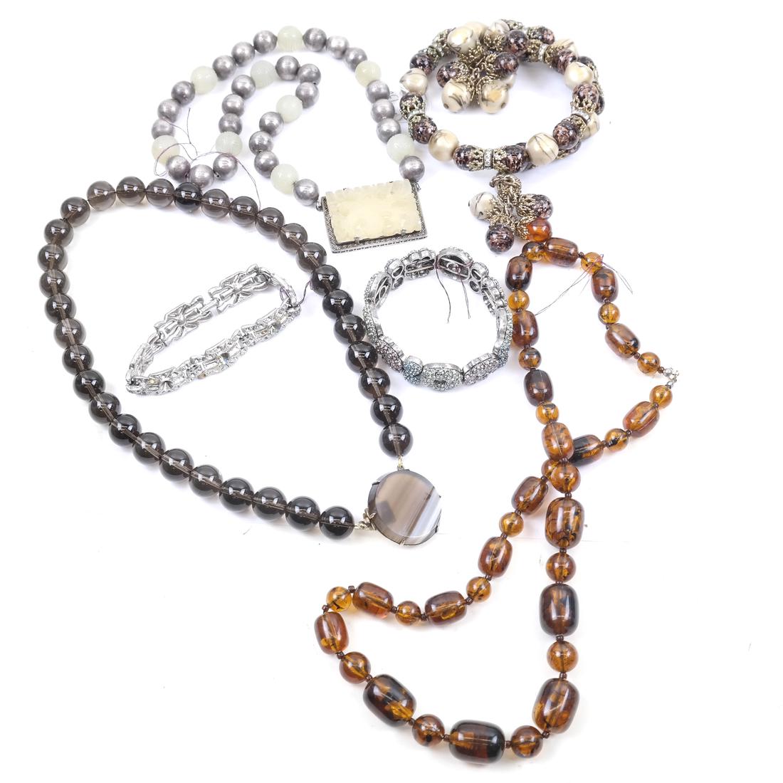 Jade and Assorted Neckaces & Bracelets: All vintage. Jade and silver necklace together with two paste bracelets.