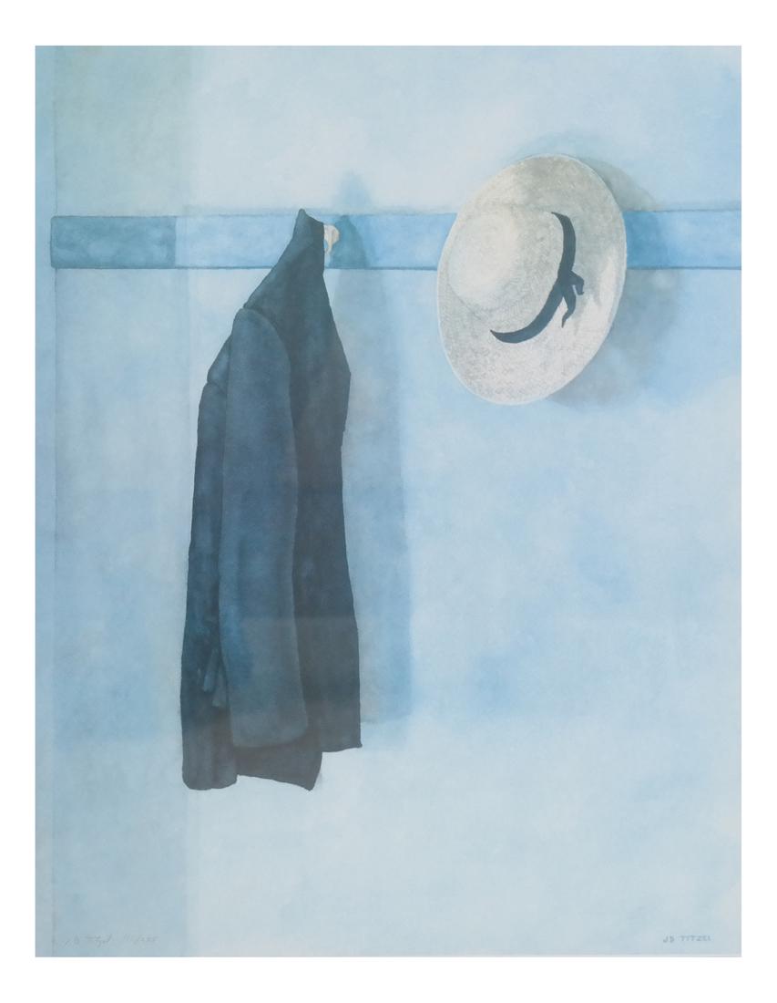 JD Titlel, Coat & Hat, Lithograph: A framed lithograph of a coat and hat hanging. Edition number: "111/125". [Art: 18 1/2" x 13 1/2"; Frame: 27" x 21 1/2"]. Overall good condition.