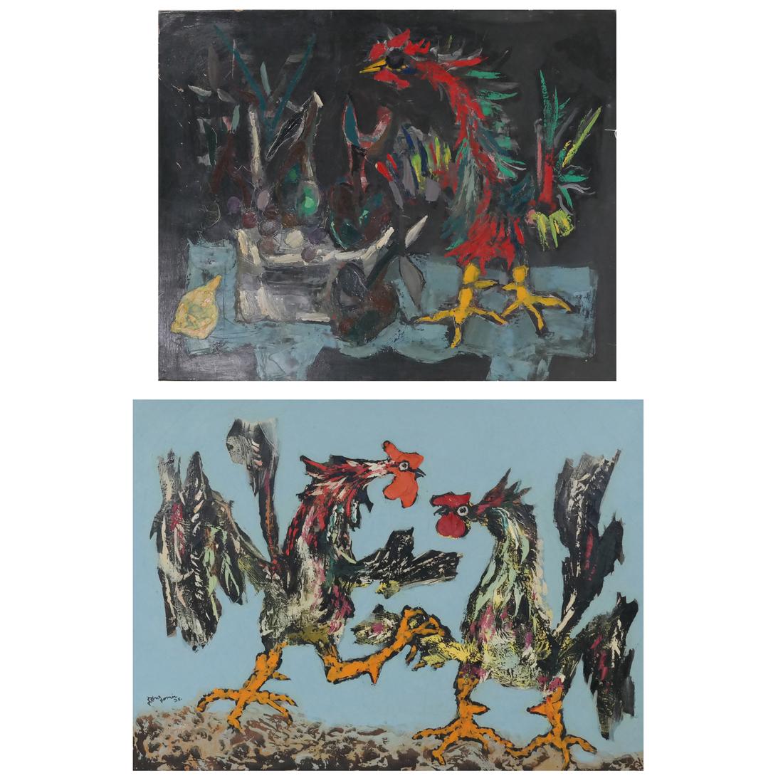 Jean-Claude Dragomir - Two Cockfighting Scenes: One framed and one unframed oil on canvases of cockfighting scenes. [Larger: Art: 36" x 28"; Frame: 39" x 31"]. One signed verso, creasing, losses, some soiling.