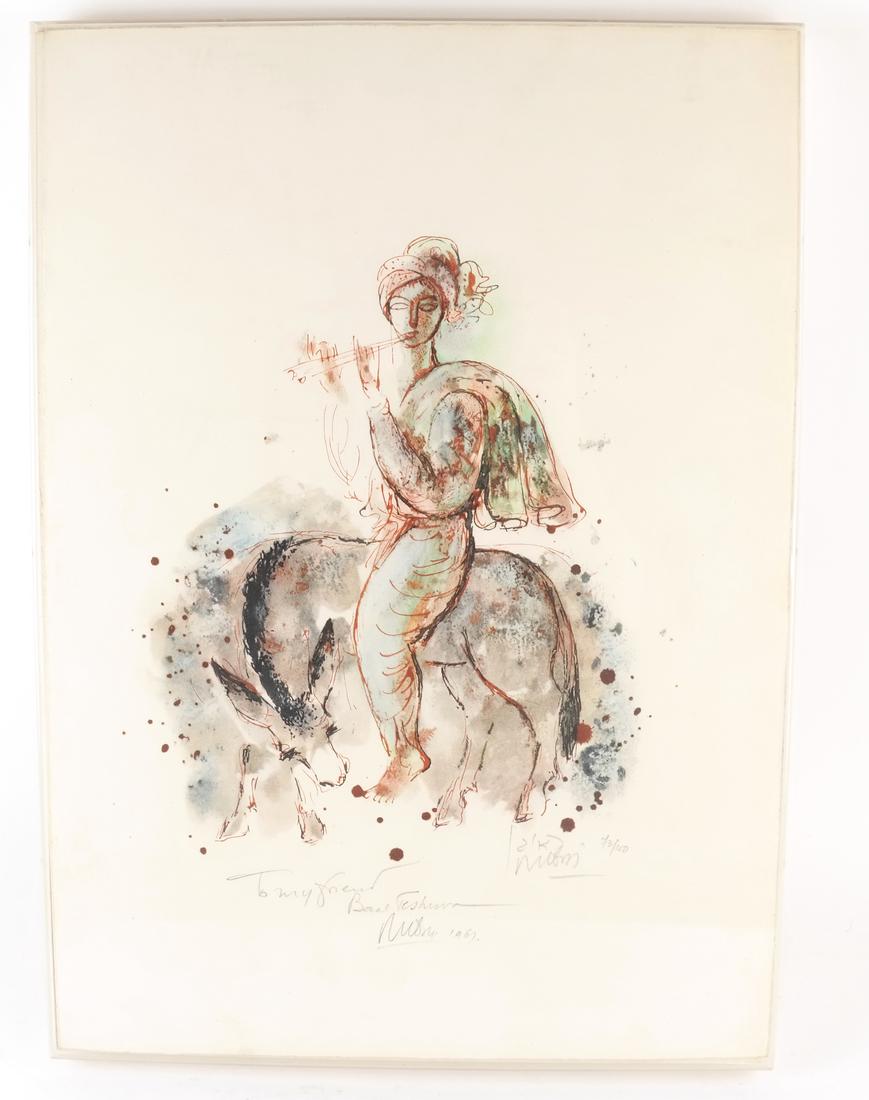 Reuven Rubin, Figural Lithograph: Reuven Rubin (Israeli, 1893-1974). Color lithograph of a woman playing a flute and riding a donkey. Signed at bottom right and inscribed with edition number "73/100" and inscribed at bottom center: "T