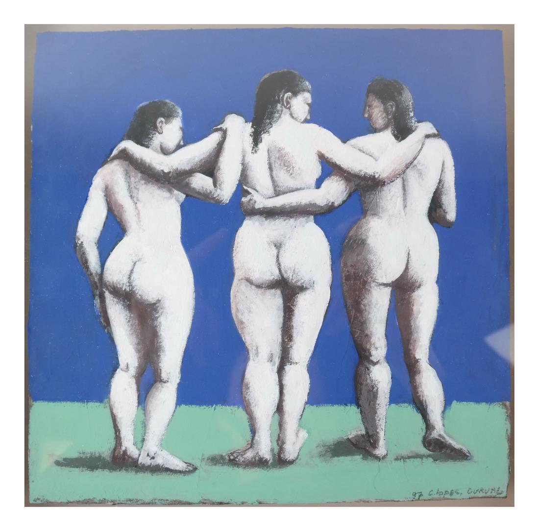 Catherine Lopes-Curval, "Trois Graces de Dieu" -: Catherine Lopes-Curval (French, born 1954). Bold composition depicting three female nudes with backs turned toward viewer and arms across each others shoulders. Signed at bottom right "97 C. Lopes. Cu