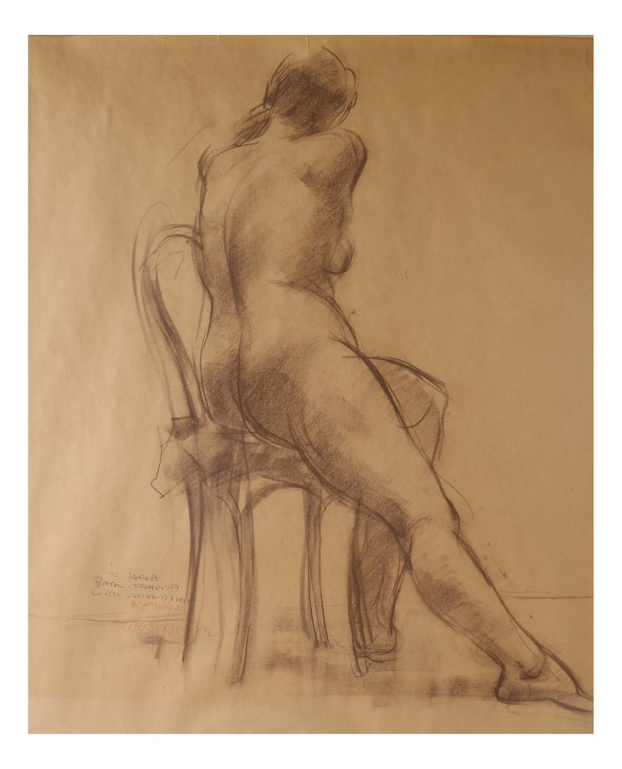 Nathan Wasserberger, Female Nude - Charcoal Drawing: Nathan Wasserberger (Polish/American, 1928-2012). Charcoal drawing of a female nude, seated in a chair, with her right leg extended forward. Inscribed at bottom left: "To Jacob Baal-Teshuva with frien