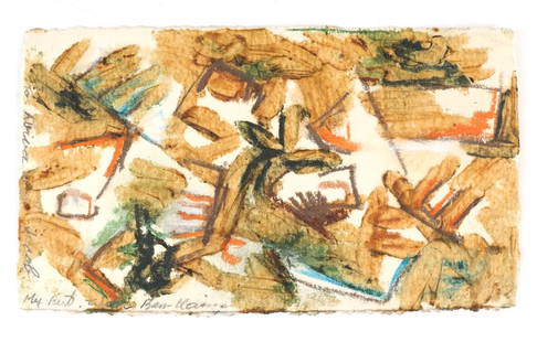 Zigi Ben-Haim, Signed Abstract Composition - Mixed: Zigi Ben-Haim (Israeli/American, born 1949). Abstract color composition accomplished in oil pastel, glitter, and ocher pigment on paper sheet with deckled edges. Inscribed in graphite along left margi