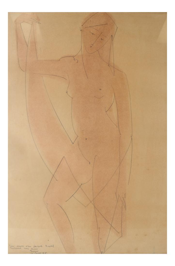 Manfredo Borsi, Female Nude - Mixed Media on Paper: Manfredo Borsi (Italian, 1900-1967). Drawing accomplished in graphite and brown conte crayon on paper. Inscribed and signed at bottom left "Pour mon cher Jacob Baal-Teshuva mon ami / Borsi / St. Paul,