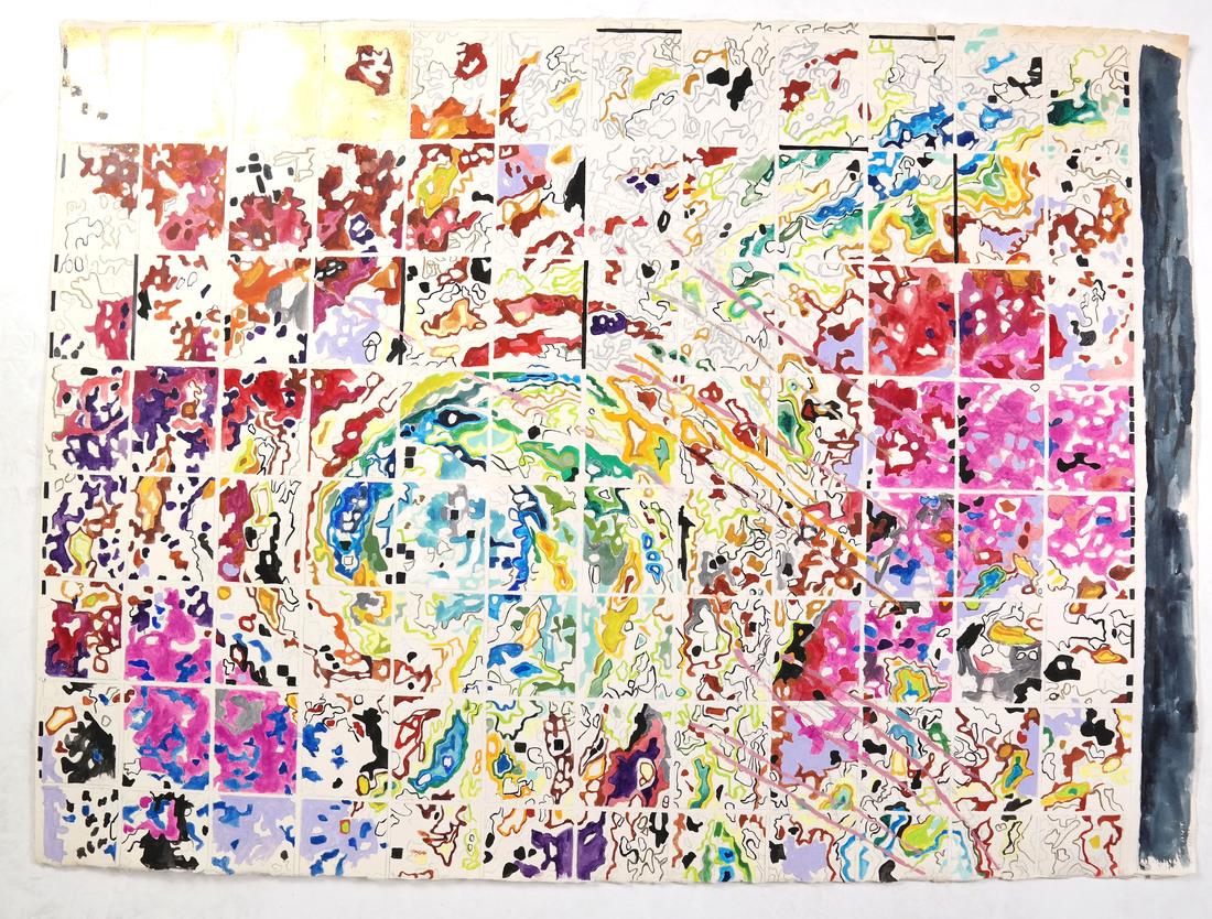 Nancy Graves,"Grid with Gold," 1974 - Mixed Media on: Nancy Graves (American, 1939–1995). Color composition with a grid and abstract shapes in acrylic, watercolor, oil, pencil, and gold leaf on Arches paper. Signed at top right recto in graphite, a