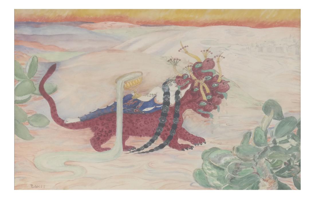 Leon Bakst, Female Nude, Gouache: An allegorical scene of a nude female atop an abstract animal, gouache on paper. Signed "Bakst", lower left. Mounted to matte with brown paper tape.Bears Art Deco ex-collector label on verso. [Art: 9"