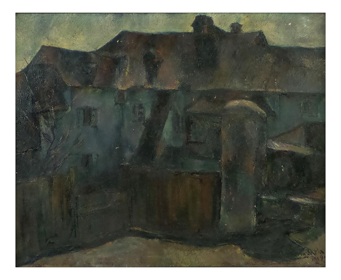 Sturm-Skrla, Village Scene: Egge (Eugen) Sturm-Skrla. German oil on canvas village scene titled, "Neue Vereinigung" or roughly, "New Unification". Signed lower right, "Sturm-Skrla 1919" and again on verso, with title. [Sight: 14