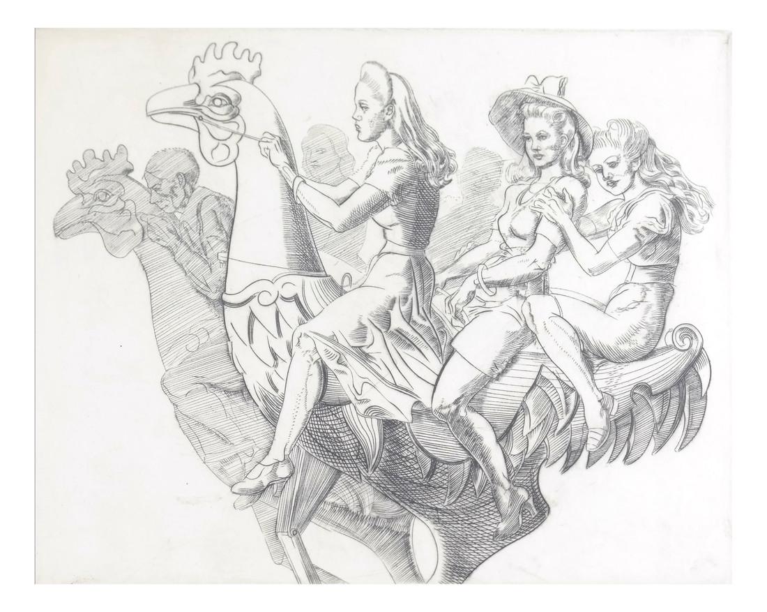 Reginald Marsh - "Three Girls...": Reginald Marsh (American, 1898–1954). Framed engraving titled "Three Girls on a Chicken". Signed lower right. 1941. Labels verso include "Kennedy Galleries, Inc." of New York City and "Martin Gordon