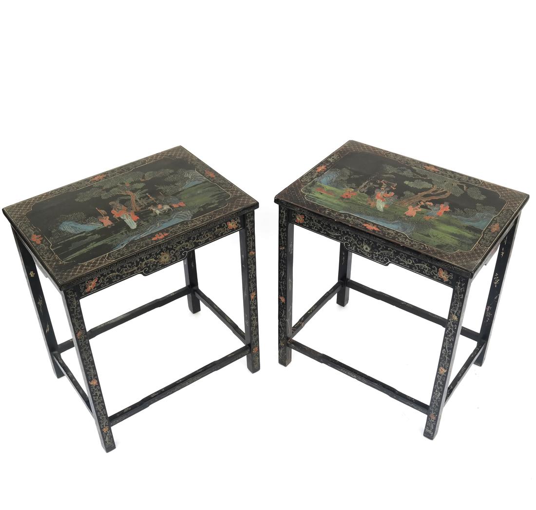 Pair of Chinoiserie-Style Tables: Pair of English-style chinoiserie table. [22 1/4" x 16" x 25 1/2" H]. Paint wear.