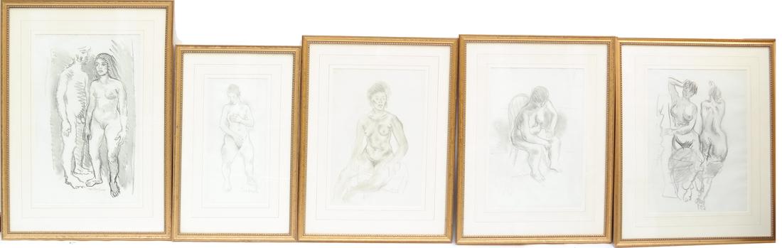 Moses Soyer, Five Charcoal Nudes: Comprises five framed charcoal drawings including: 1.) Standing female nude. [25 3/4" x 16 1/2"]. 2.) Seated family nude. [ 27 3/4" x 21"]. 3.) Seated female nude with earrings. [27 1/2" x 20 1/2"]. 4