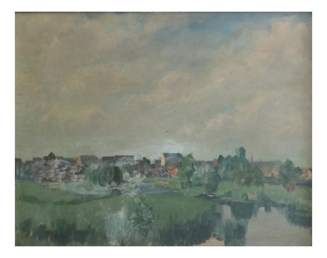 Marcel Fournier, Landscape: Framed oil on panel of houses in a landscape. Signed verso. [Art: 10" x 11"; Frame: 13" x 16"]. In overall good condition.