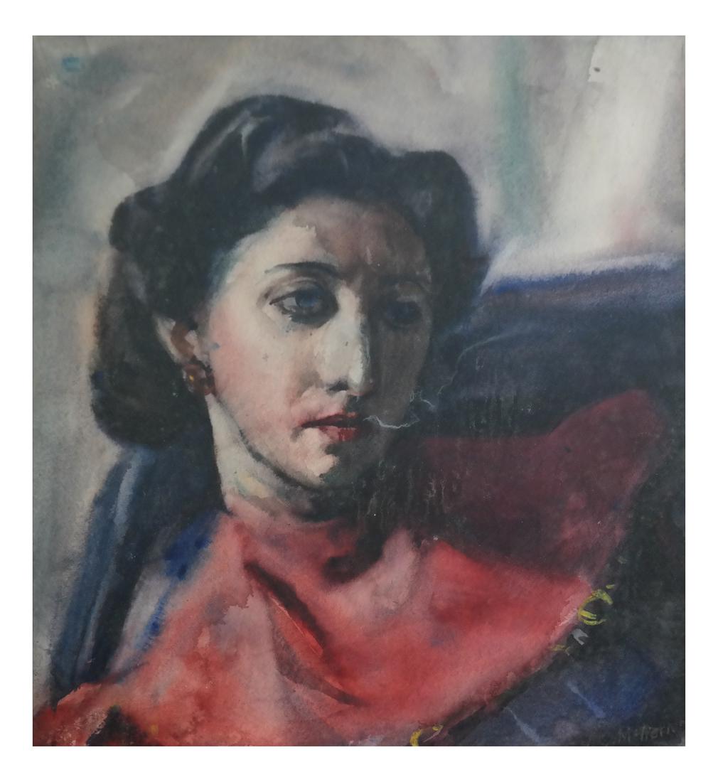 Female Portrait, Watercolor: Framed watercolor of a woman, possibly of the artist Rose Hart Betensky. Illegibly signed lower right. [Art: 17" x 14"; Frame: 25 3/4" x 22 3/4]. Not examined out of frame.