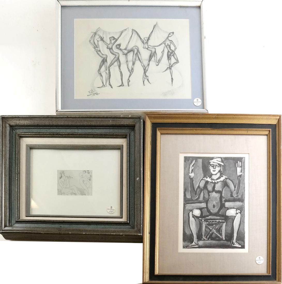 Three Framed Prints: Three prints comprising: 1.) Depiction of two nudes. 2.) Depiction of five nude dancers. 3.) George Rouault staged figure. [18" x 14 1/2", 15" x 19 1/2", and 21" x 17"].