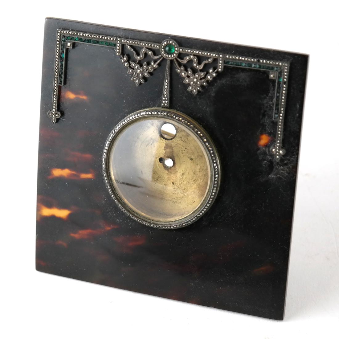 Antique Marcasite Frame: Having a fitted reliquary or clock case, draped below inset marcasite and semi-precious stone [4 1/8" x 4 1/8"].