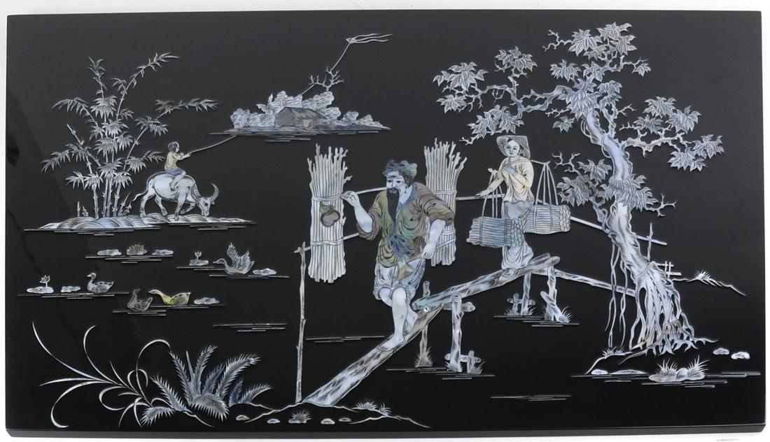 Vietnamese Lacquer Mother-Of-Pearl Panel: Black lacquered mother-of-pearl figural panel. [19" x 31 1/2" H]. In good condition.