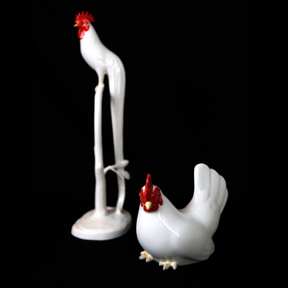 Noritake Rooster & Chicken: Rooster perched atop a tree, together with a chicken. [Rooster: 13" H].