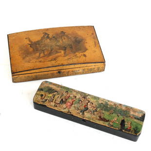 Two Russian Boxes: One pen box depicting papier mache family gathering and dance together with a walnut box having a donkey and couple. [Each: 8" x 8.5"].