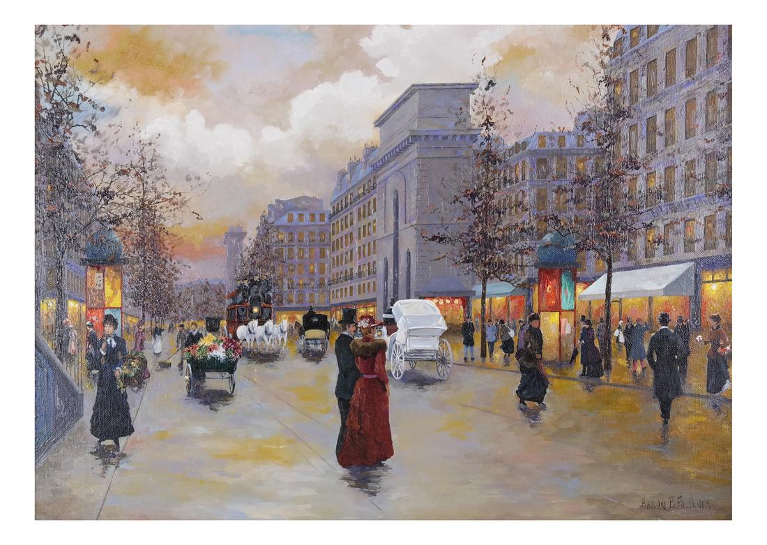 Aaron B. Faulkner Paris Street Scene: Framed oil on canvas of a figural street scene, signed lower right. [Art: 14" x 20; Frame: 21" x 27"]. Good Condition.