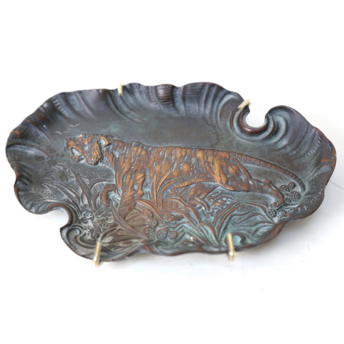 J. Fischer Tiger Pen Tray: Tiger in jungle, bronze tray signed lower right "J. Fischer." [8"].
