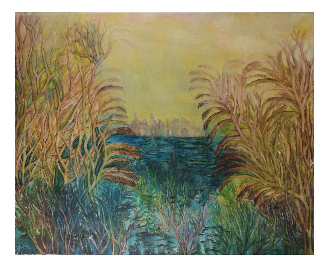 Fernand Weil, Landscape, Oil on Canvas: Fernand Weil (1894-1958). An unframed oil on canvas titled: "Vision D'orient". Signed lower left and verso dated "1951". [Overall dimensions: 25" x 32"]. Minor punctures, creasing and abrasions.