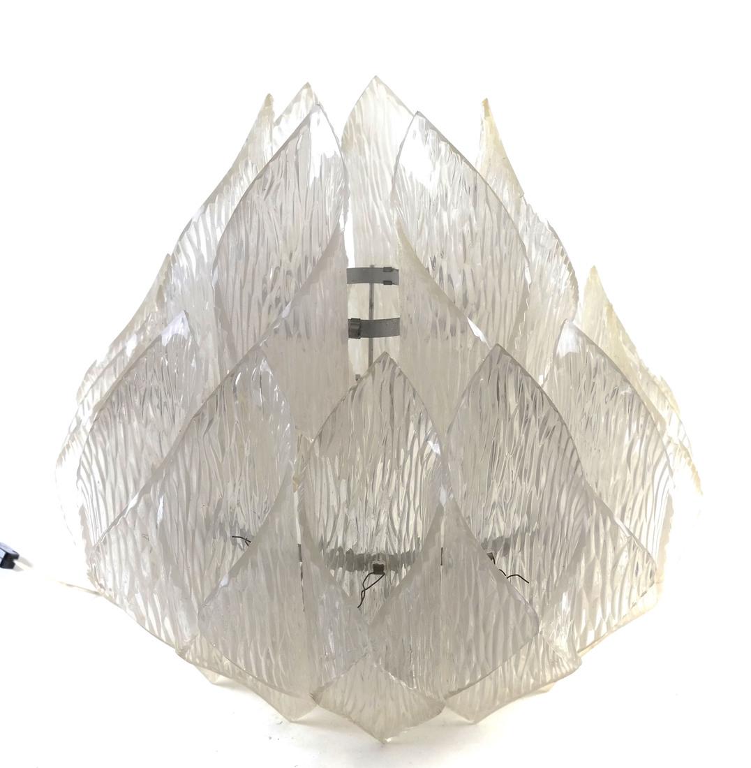 Lucite 'Lotus' Lamp: Twenty shade, single lamp, Lucite lotus-form light fixture. [20" Dia x 17 1/2" H]. Bottom of one shade broken.