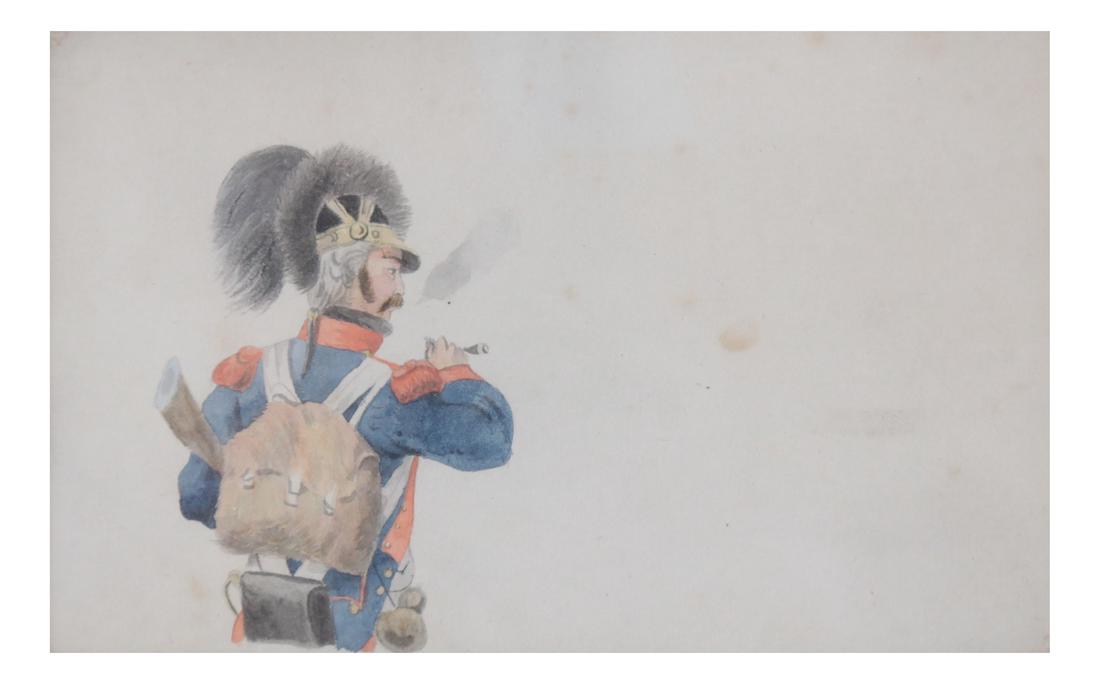 Man With Pipe - Watercolor: Infantry man with a pipe. [4 1/2" x 7 1/4"].