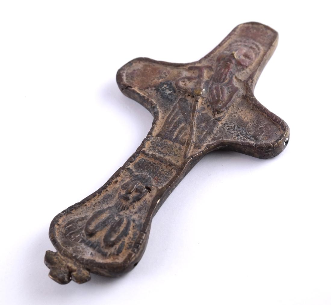 Byzantine Stylized Bronze Cross: Bears Christ the Shepard with another. [6 3/4" x 3 1/2"].
