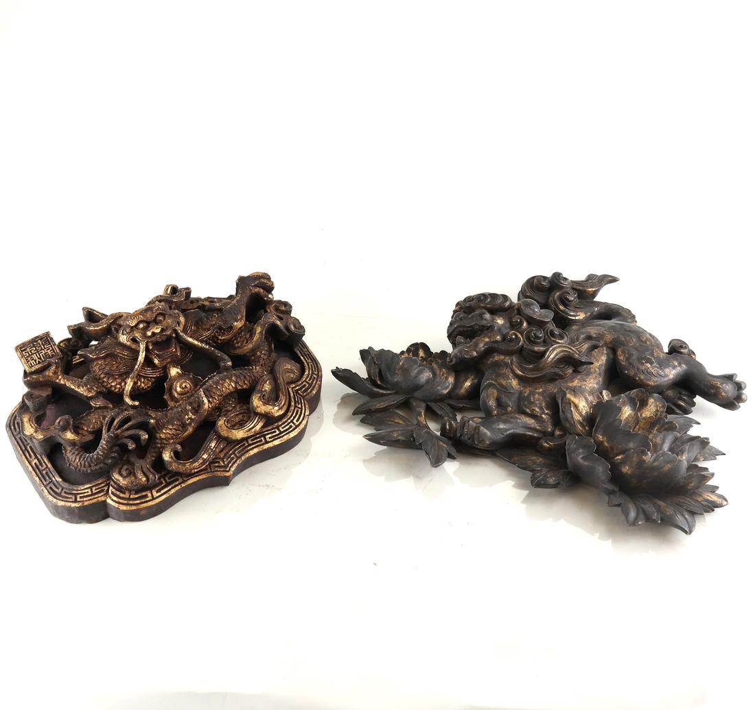 Japanese and Chinese Gilt Wood Fragments: Each pierced, carved and gilt with foo-lions or dragons. [12" H x 15" L;7" H x 11" L].