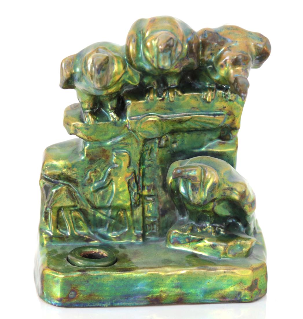Zsolnay Vulture Inkwell: Art Deco art pottery inkwell with vultures and temple motif. [9 1/2" x7 1/2"].