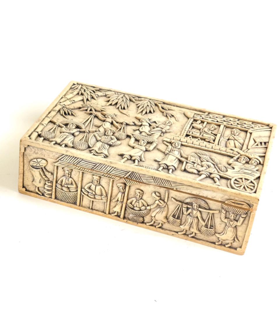One Vietnamese Carved Hardstone Box: 20th century, carved with various figures, [ 11 " L; x 7" D]. Note : " BRUSH POT NOT INCLUDED, See Lot 33 "