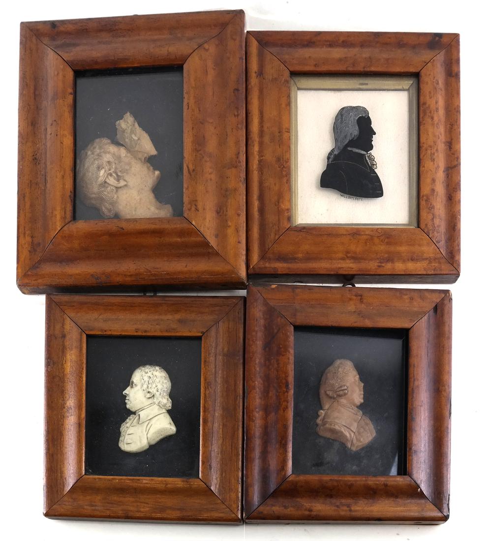 4 Wax or Eglomise Profile Portraits: Late 19th century and later, each depicting an historical figure, various maple frames. [Frames: 7 1/4" x 6 1/2" to 8 1/2" x 7 1/2"]. Some minor wear and few losses to each overall; one wax portrait s