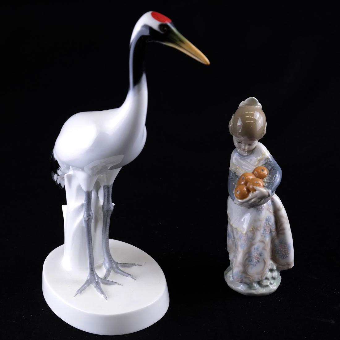 Porcelain Crane and Lladro Girl: Comprises a porcelain crane [10"], together with a Lladro girl with oranges. [7"].