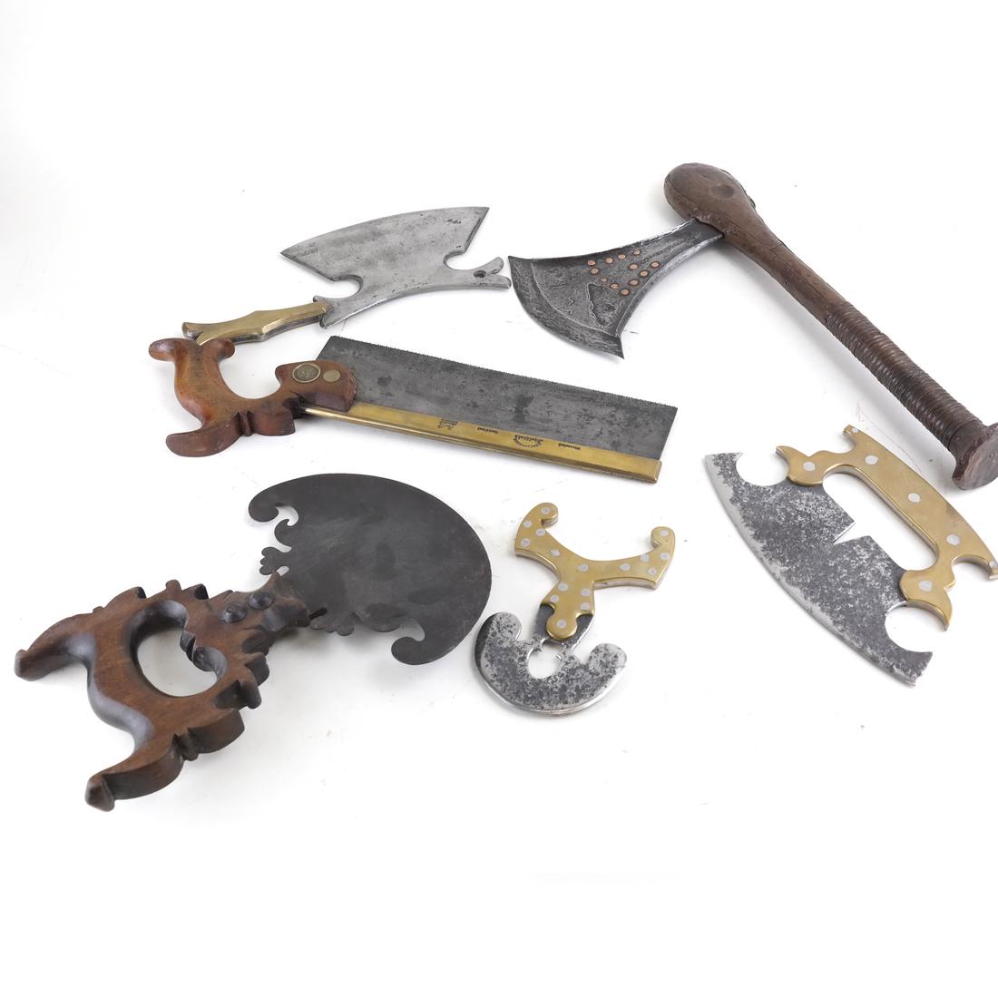 Group of Six Weapons and Tools: Comprises six weapons, all with wooden or brass handles.