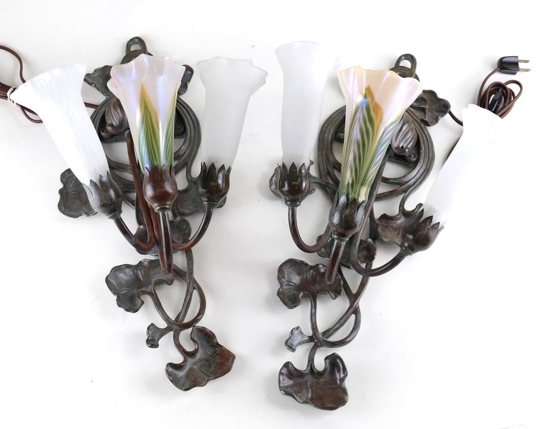 Pair Of Tiffany & Co Style Sconces: Pair of 3-light sconces having arms extending from an urn with flowers. [Shades: 18"].