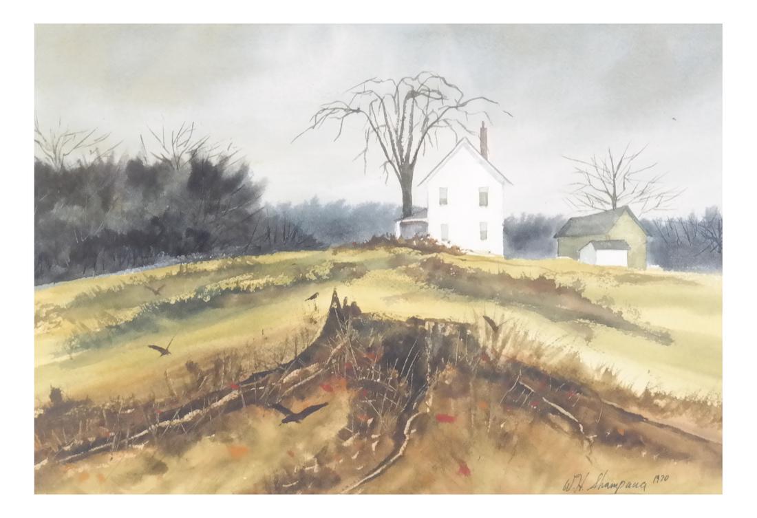 Shampang, Landscape With House: Wayne H Shampang, framed watercolor depicting a house in a landscape scene. Signed at the lower right. Mounted and framed under glass. [Sight: 10" H x 14 1/4"; 16 5/8" H x 20 3/4" W]. Good condition. 