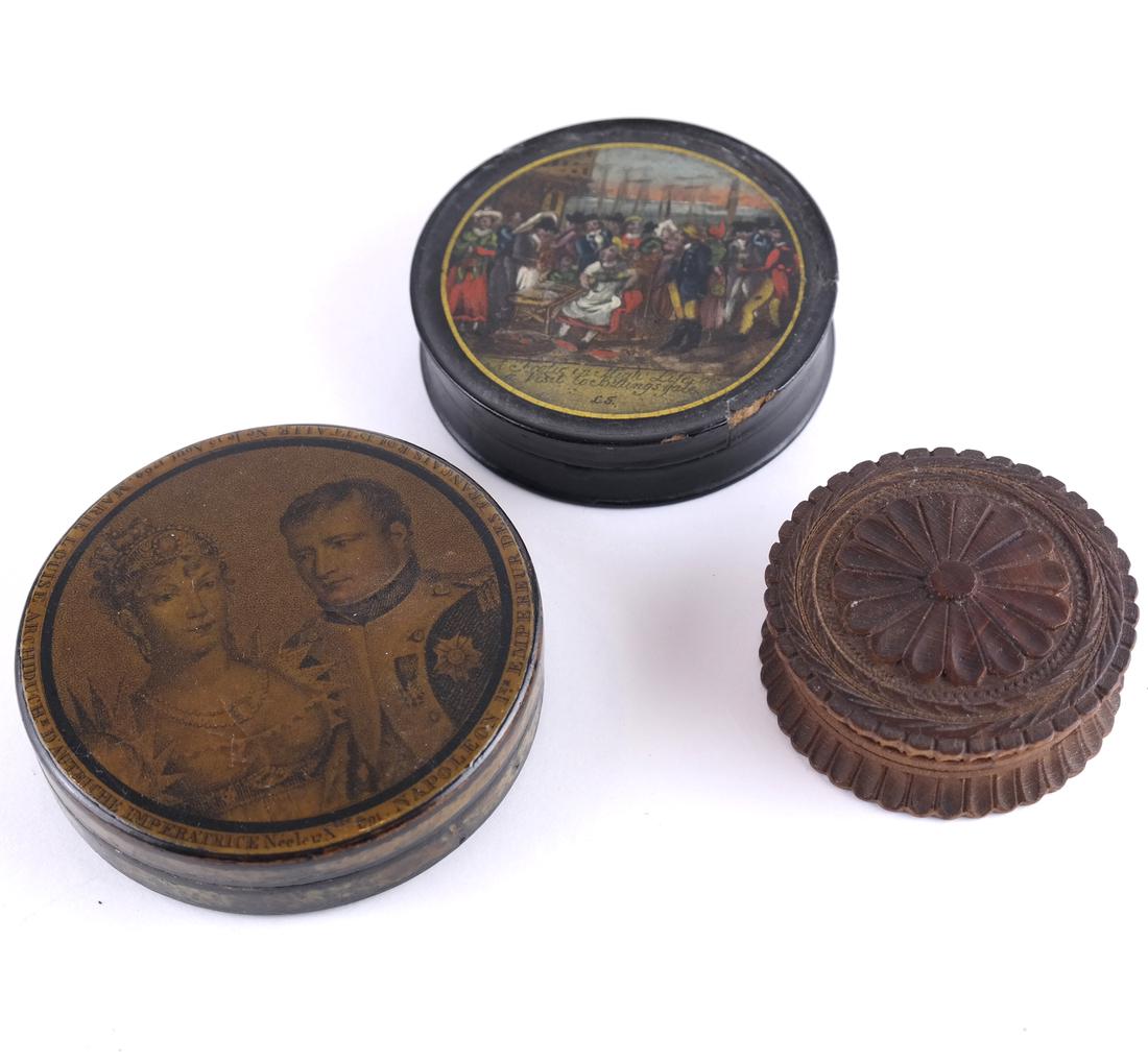 Three Early Snuff Boxes: Includes "An Erotic Life in Billingsgate", hand-painted box depicting a gathering. [3" Dia]. Accompanied by a stenciled box depicting Napoleon and Marie Louise of Austria [3 1/4" Dia], and another.