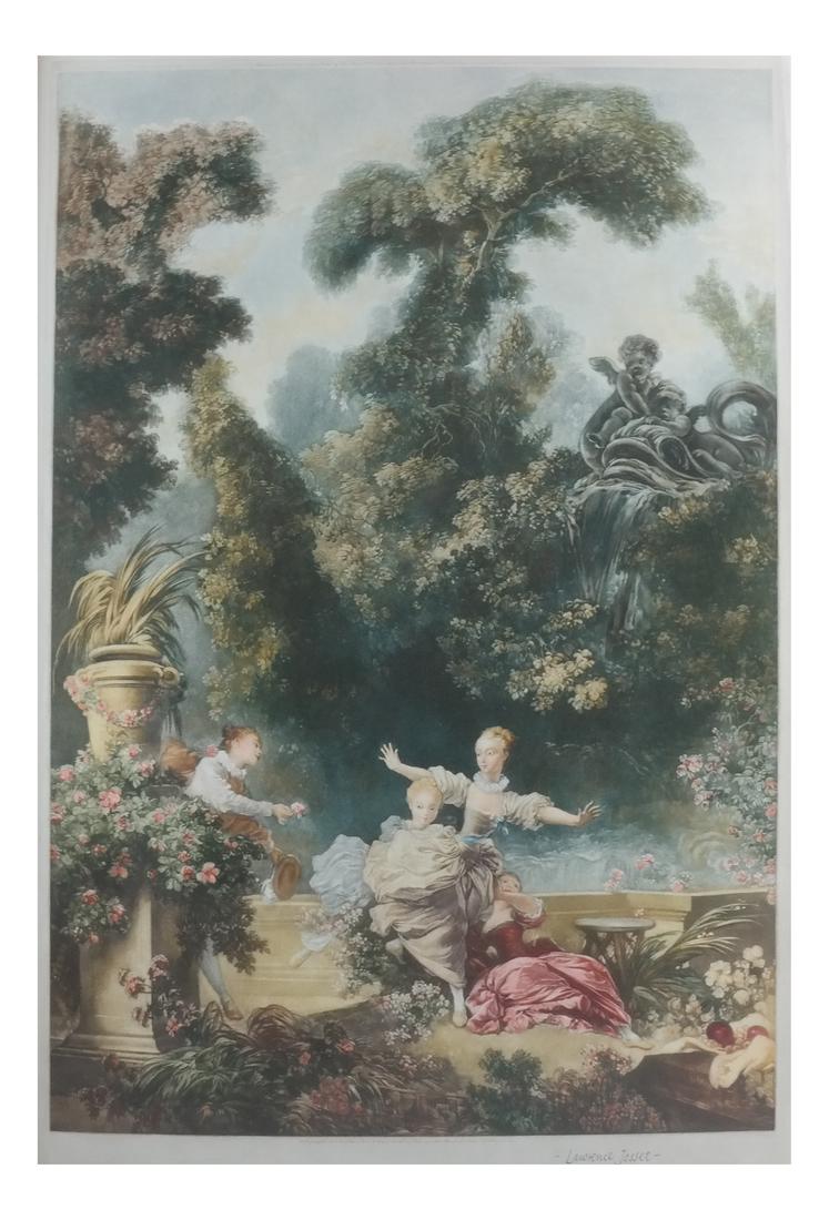 Lawrence Josset Figures in a Garden: A framed gilt floral print of Lawrence Josset, copyright Thomas Ross and Son of London Ltd. in the USA. [Print 19" x 12 1/2" ], [Frame: 25" x 18 1/2" "].