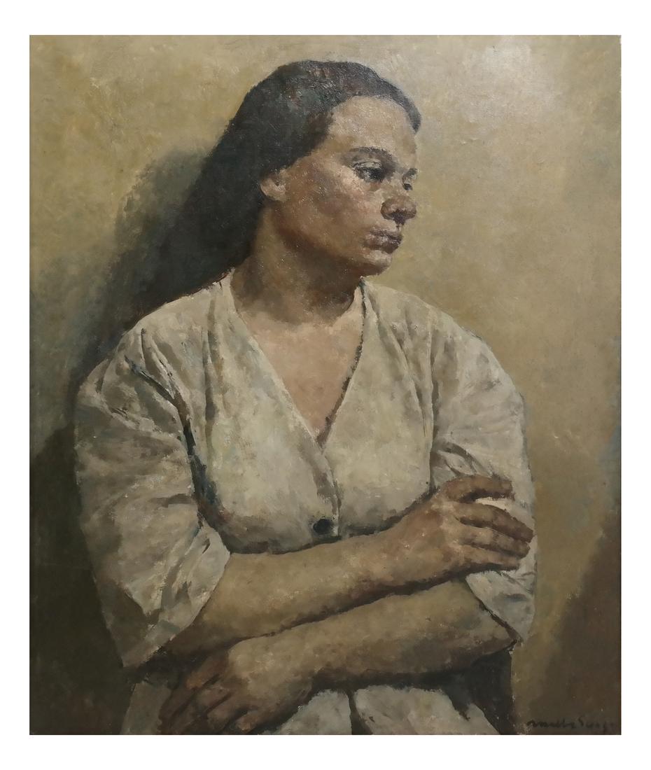 Suazo, "Portrait of A Woman": Jose Maria Mallol Suazo (Spanish) Framed oil on canvas depicting a torso length portrait of a woman with her hands folded. [28 1/4" H x 23" W; Frame: 34" H x 28 1/2" W]. Overall good condition.
