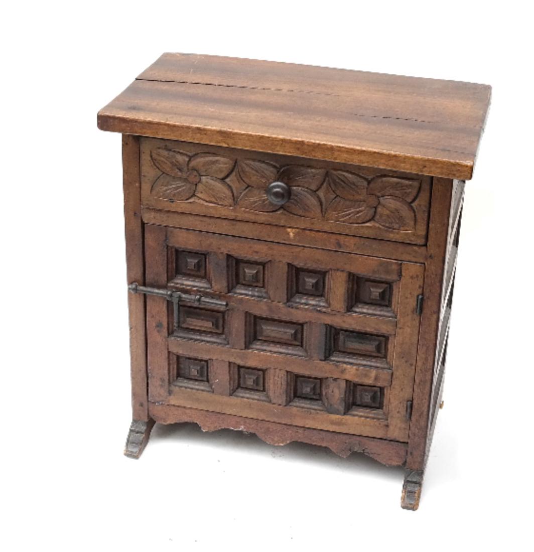 Antique Spanish Low Cabinet: Antique Spanish low cabinet with one door and an iron latch. [24" H x 20" W x 13 1/2" D]. Splits and wear.