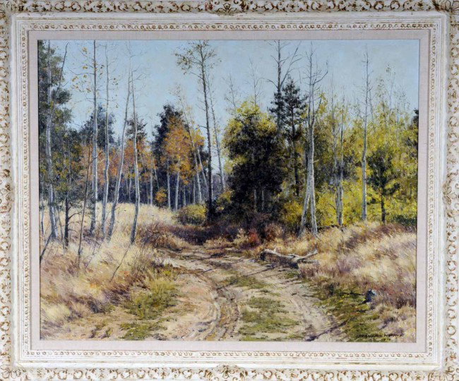 Oil Painting on Canvas. Landscape of a Rural Road: Oil Painting on Canvas. Landscape of a Rural Road. Sign. Bernard Wynne, 1974. 24" H x 30" W. Jane Wyman & Ronald Reagan Estate